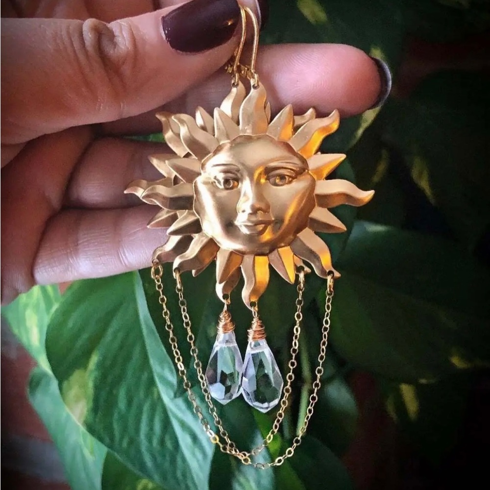 Sun Goddess and Crystal Earrings Charm Earrings Moon Boho Hippie Bohemian